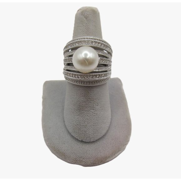 Faux Pearl 7 Tier Band Rhinestone Cocktail Ring signed NVC - Picture 1 of 14